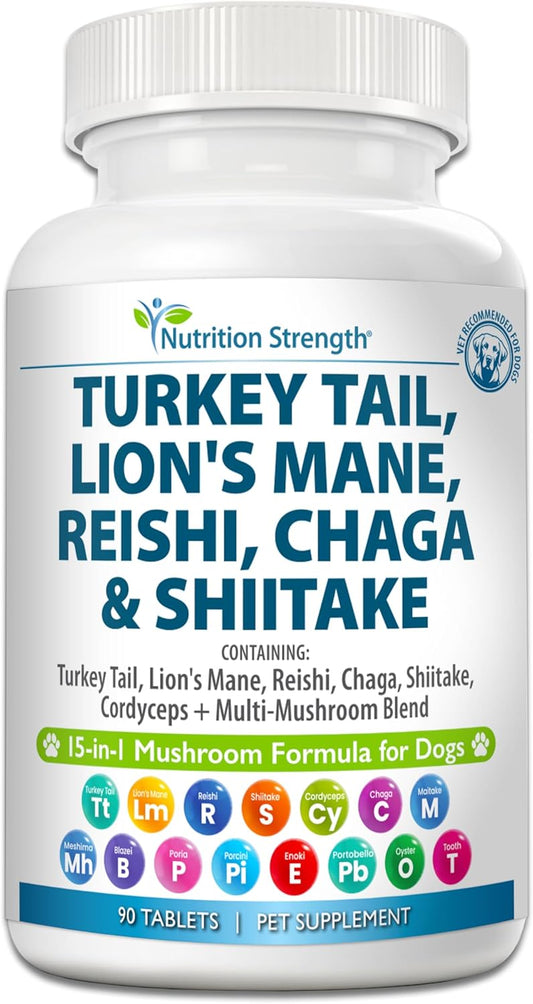 15-in-1 Mushrooms for Dogs Turkey Tail 600mg Lion's Mane 600mg Reishi 600mg Shiitake 500mg Cordyceps 300mg Chaga 300mg Maitake 200mg Meshima Blazei Poria Enoki Portobello 90 Tablets