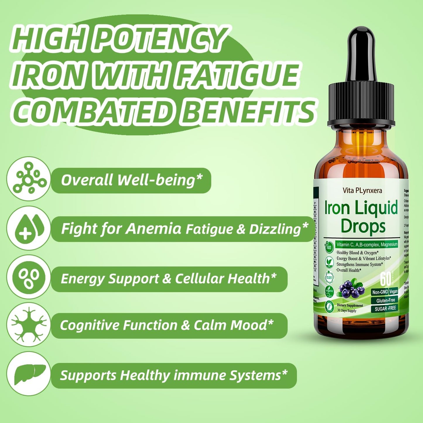 2 Pack Liquid Iron Supplement for Women Men & Kids, Vegan Iron Drops with Vitamin C D, B12, B-Complex, High Potency Liquid with Multivitamin for Anemia, Energy Support, Magnesium Iron Gentle