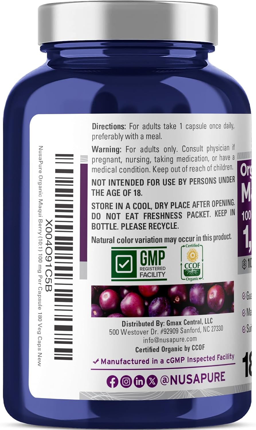 NusaPure USDA Organic Maqui Berry 10:1 Extract, 100 mg Equivalent to 1,000 mg 180 Veg Caps Suitable for Vegetarians and Vegans, Non-GMO