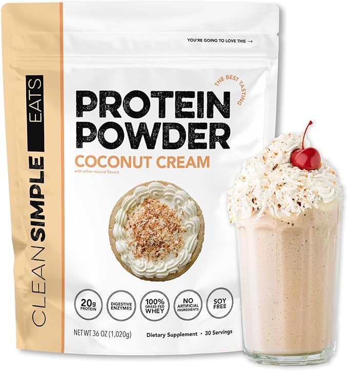Clean Simple Eats Whey Protein Powder, Coconut Cream Flavor Naturally Sweetened, 100% Grass Fed Protein Powder with Digestive Enzymes & No Artificial Ingredients, Gluten Free, 30 Servings