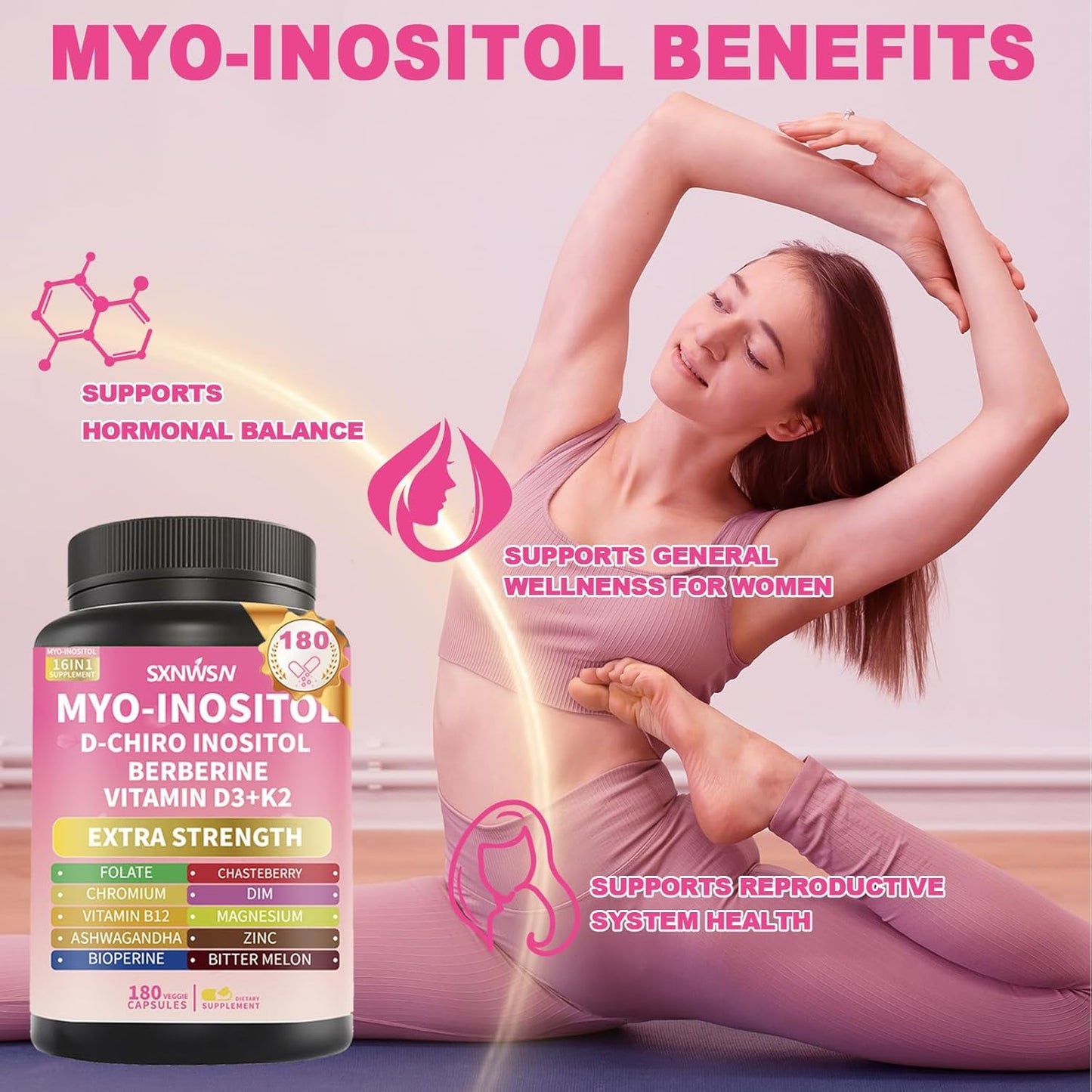 Myo-Inositol & D-Chiro Inositol Supplement with Berberine Ashwagandha - Healthy Hormone Balance & Healthy Ovarian Support for Female Health & Wellness