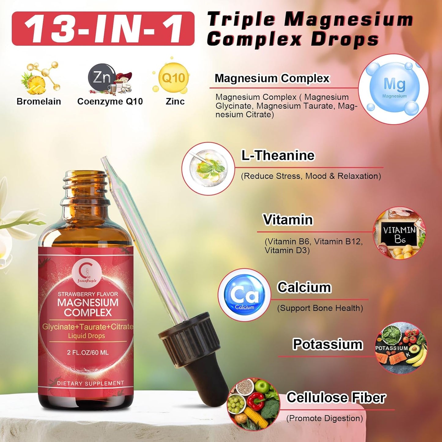 (2 Pack) Magnesium Glycinate Liquid Drops with Citrate & Taurate,Triple Magnesium Complex Supplement with Calcium, Potassium for Energy, Sleep, Muscle, Immune, Sugar Free, Strawberry Flavor, 4 Fl OZ
