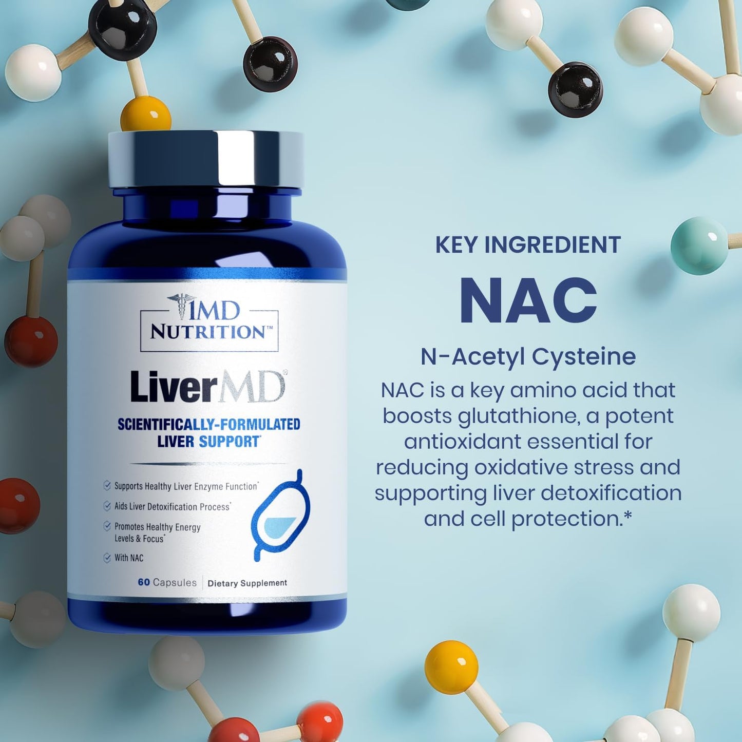 1MD Nutrition LiverMD - Liver Support Supplement | Siliphos Milk Thistle Extract & NAC - Supports Healthy Energy, Immunity & Overall Health - Liver Cleanse & Support | 60 Capsules