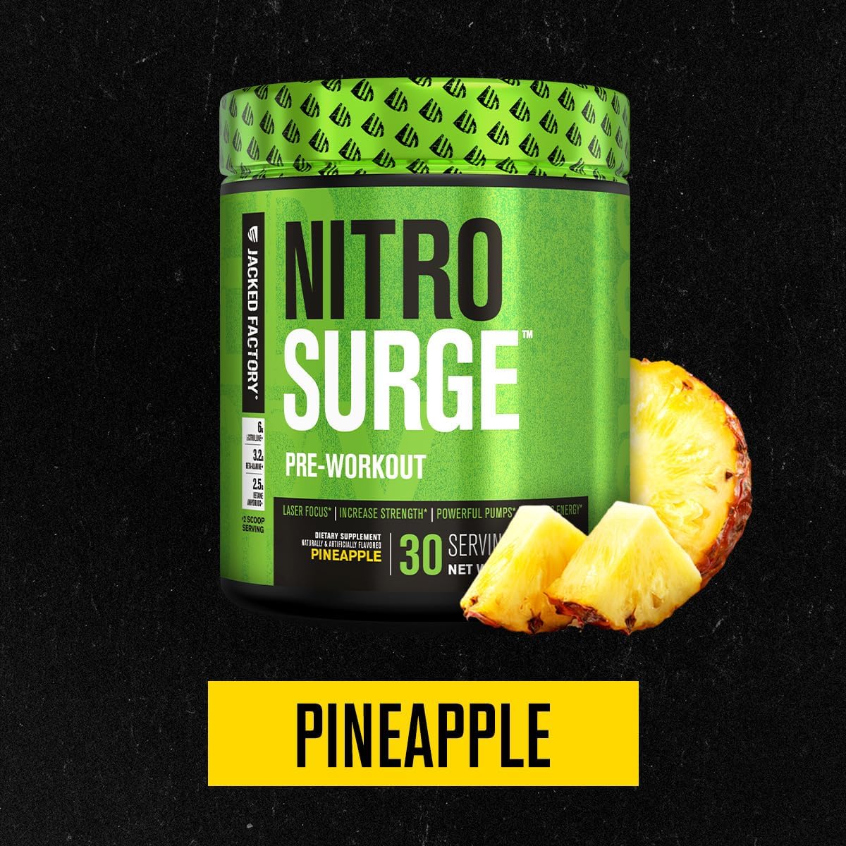 Jacked Factory NITROSURGE Pre Workout Supplement - Endless Energy, Instant Strength Gains, Clear Focus, Intense Pumps - NO Booster & Powerful Preworkout Energy Powder - 30 Servings, Pineapple
