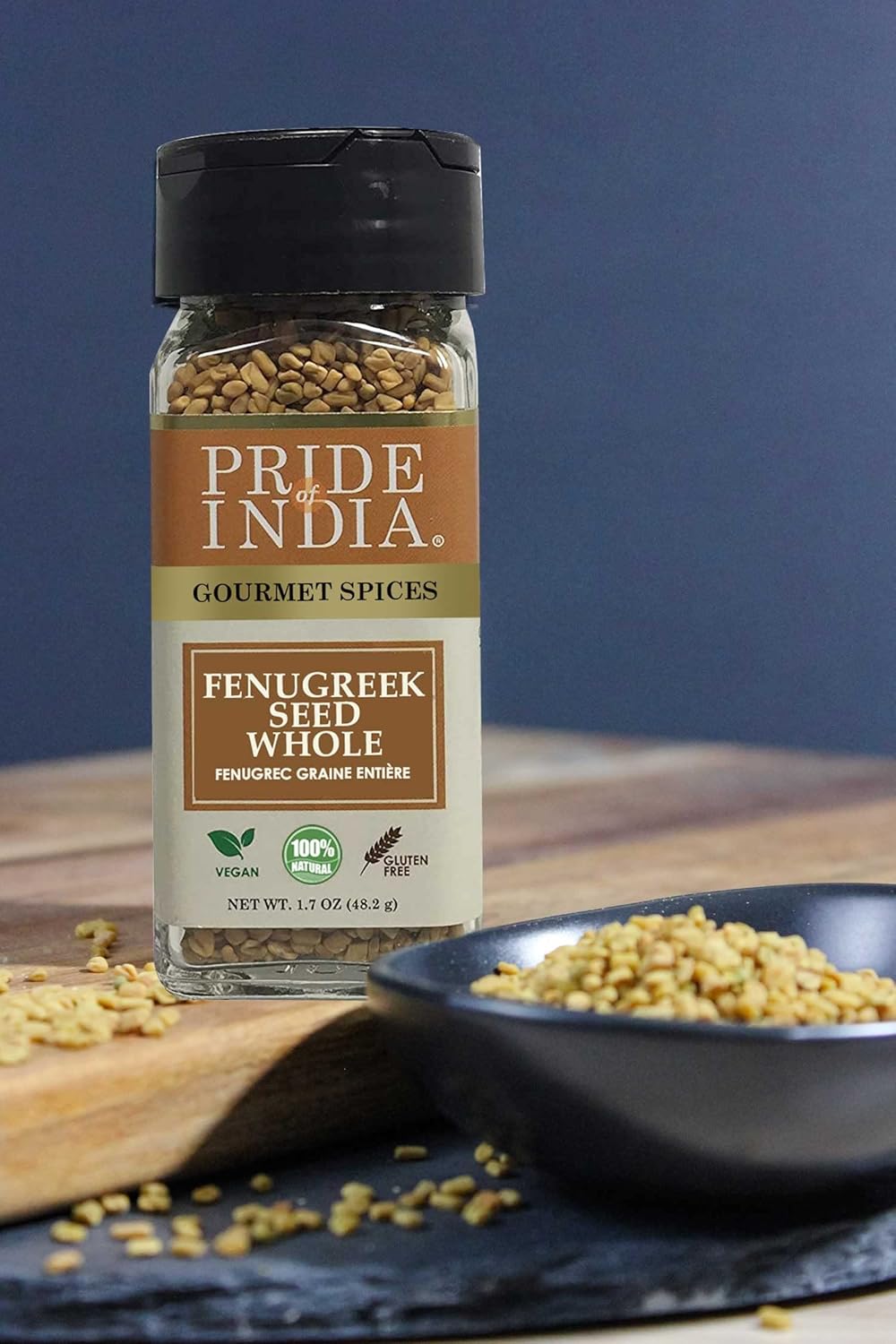 Pride of India – Fenugreek Seed Whole – Whole & Gourmet Indian Spice – Ideal Seasoning for Cooking – Free of Preservatives – Easy to Use – 1.7oz. Small Dual Sifter Jar