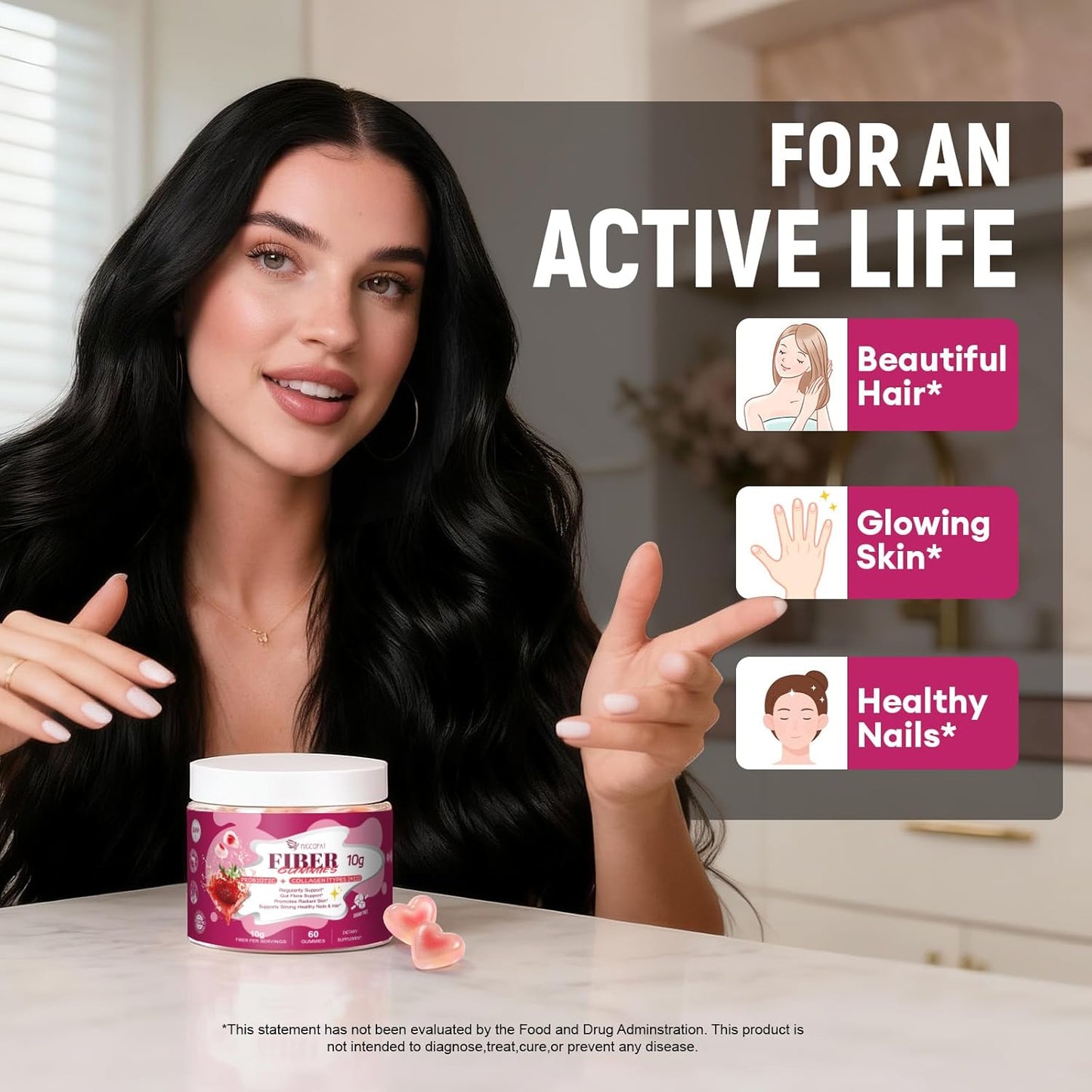 10G Fiber Gummies with Collagen Peptides, Hyaluronic Acid, Vitamin C, ACV, 30 Billion CFU Probiotics – Sugar Free Collagen Gummy for Skin, Hair & Nails – Digestive Health Support – 60 Cts