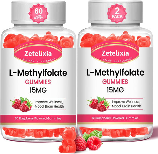 2 Pack L-Methylfolate 15mg & Methyl B12 Gummies, Folate Supplement for Brain Health, Mood & Immunity, DNA Synthesis & Repair, Sugar Free, Vegan, Raspberry Flavor, 120 Count