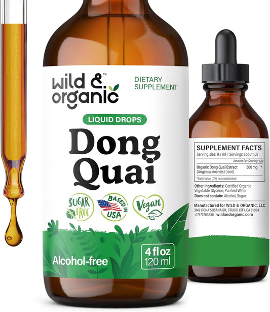 Wild & Organic Dong Quai Supplement for Women - 500 mg Dong Quai Root Extract for Women's Health - Angelica Root Herb Tincture - Female Ginseng Liquid Extract - No Sugar & Alcohol - 4 fl oz