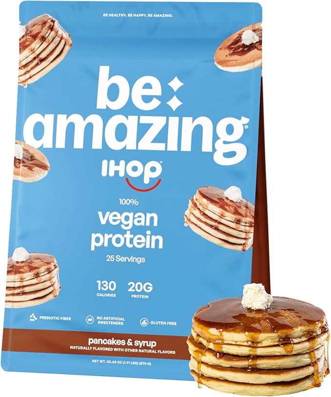 BE AMAZING Vegan Protein Powder, IHOP Pancakes & Syrup, 20g Plant Based Protein with Prebiotic Fiber, Low Carb, Dairy and Gluten Free Shake Mix, No Added Sugar, 29.3 oz, 25 Servings