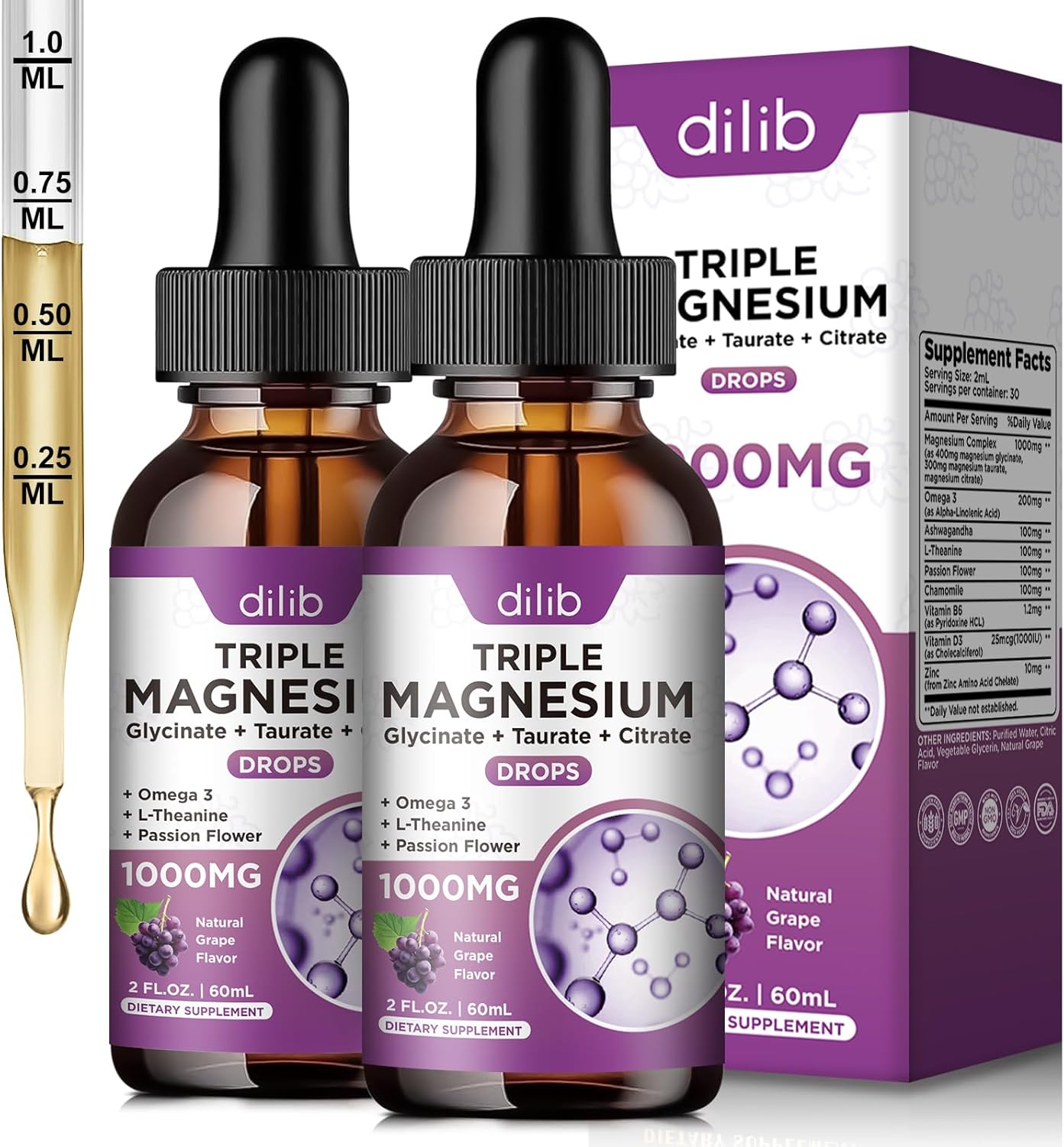 2 Pack Liquid Magnesium Glycinate Supplement, Calm Magnesium Citrate, Taurate Drops with Omega 3, Zinc, Ashwagandha, L-Theanine, Chamomile for Sleep, Mood, Stress Relief, Bone, Muscle, Grape Flavor