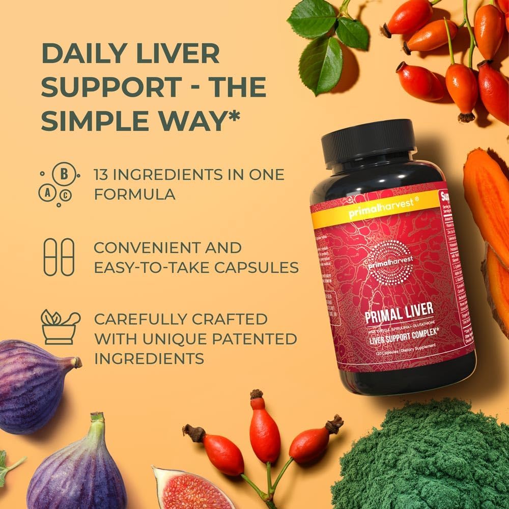 Primal Harvest Primal Liver Liver Supplement with, Alpha-Lipoic Acid, L-Cysteine HCL, L-Glutathione, Milk Thistle, and Spirulina, for Men and Women, 120 Capsules