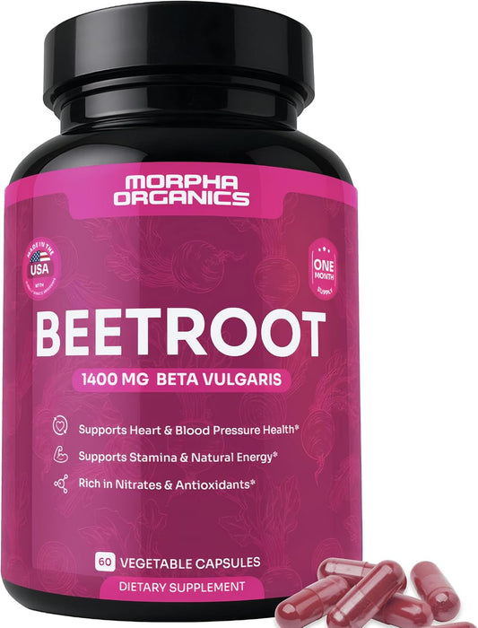 Organic Beet Root Capsules - 1400mg Beetroot Powder for Natural Energy & Endurance Support, Non-GMO, Made in The USA, Beet Supplement - 60 Capsules, 30-Day Supply
