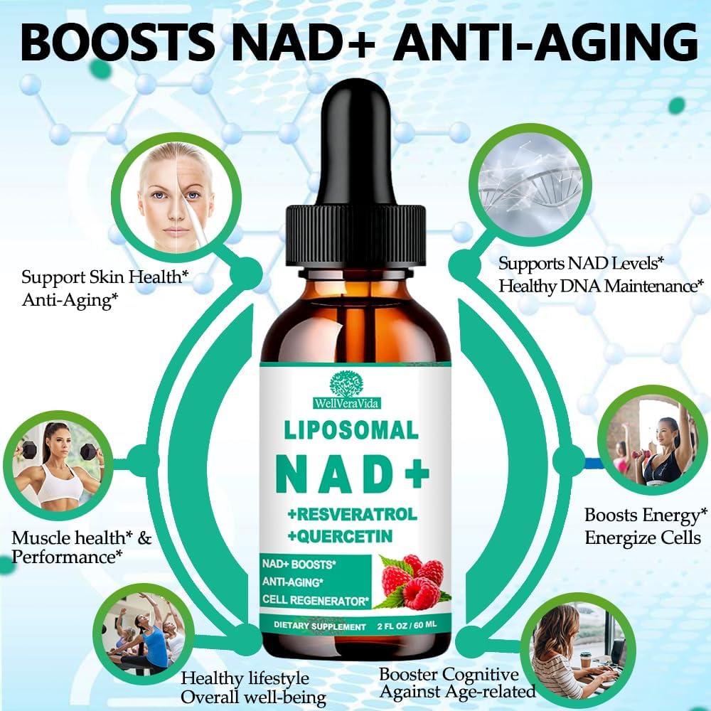 2 Pack NAD+ Supplements for Women & Men, Liposomal NAD+ Nicotinamide Riboside Resveratrol 900mg, TMG, Quercetin, Vitamin B3, Organic Liquid NAD+ Resveratrol Supplement for Longevity