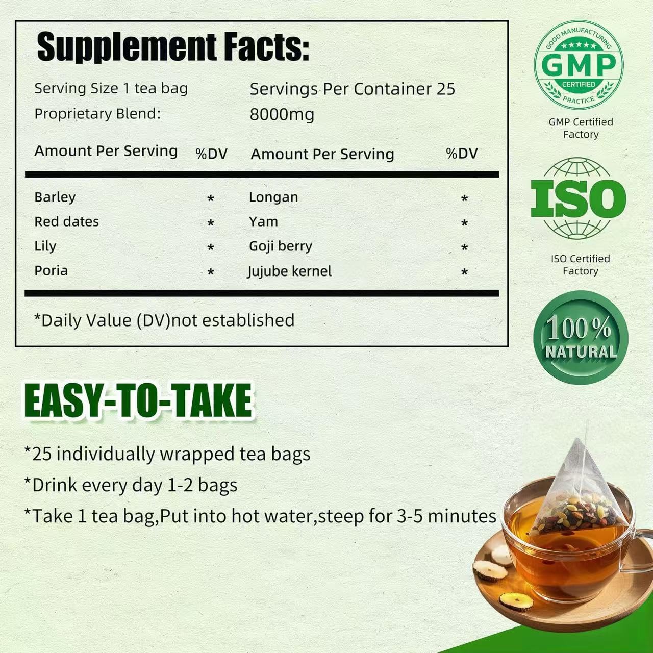 25 Organic Sleep Tea Bags for Bedtime,Chinese Barley Tea Blend 8 Premium Natural Herbs-Sour Jujube Seed,Goji berry, Jujube dates,Sleepytime Tea for Daily Wellness,Caffeine-Free, NON-GMO