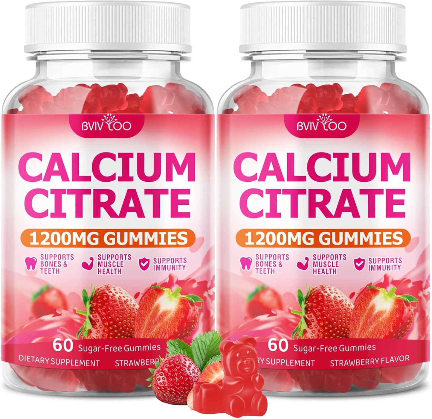 2 Packs High Absorption Calcium Citrate Gummies 1200mg - Bone & Teeth Support for Adults & Kids, Vegan Sugar-Free Gummies, Strawberry Flavor, 120 Count
