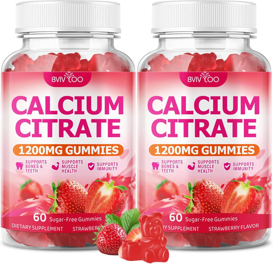 2 Packs High Absorption Calcium Citrate Gummies 1200mg - Bone & Teeth Support for Adults & Kids, Vegan Sugar-Free Gummies, Strawberry Flavor, 120 Count