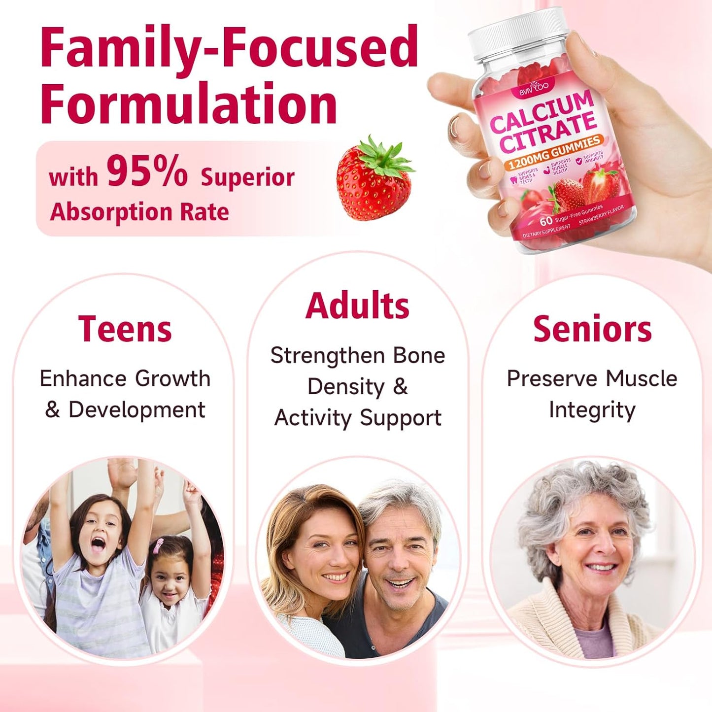 2 Packs High Absorption Calcium Citrate Gummies 1200mg - Bone & Teeth Support for Adults & Kids, Vegan Sugar-Free Gummies, Strawberry Flavor, 120 Count