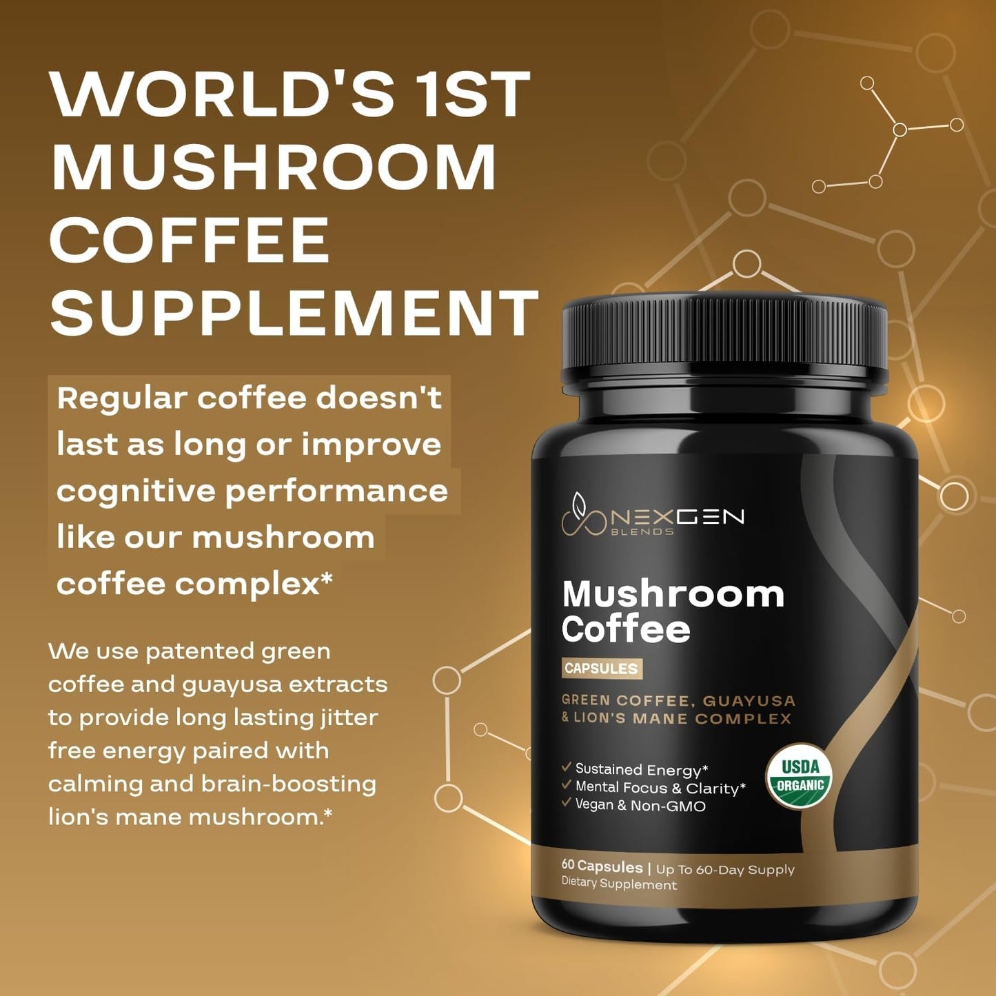 100% Organic Mushroom Coffee Capsules - Natural Energy Supplement with 130mg Caffeine from Clinically Proven Patented Green Coffee Bean & Guayusa Extracts for Jitter-Free Energy & Focus (60 Servings)