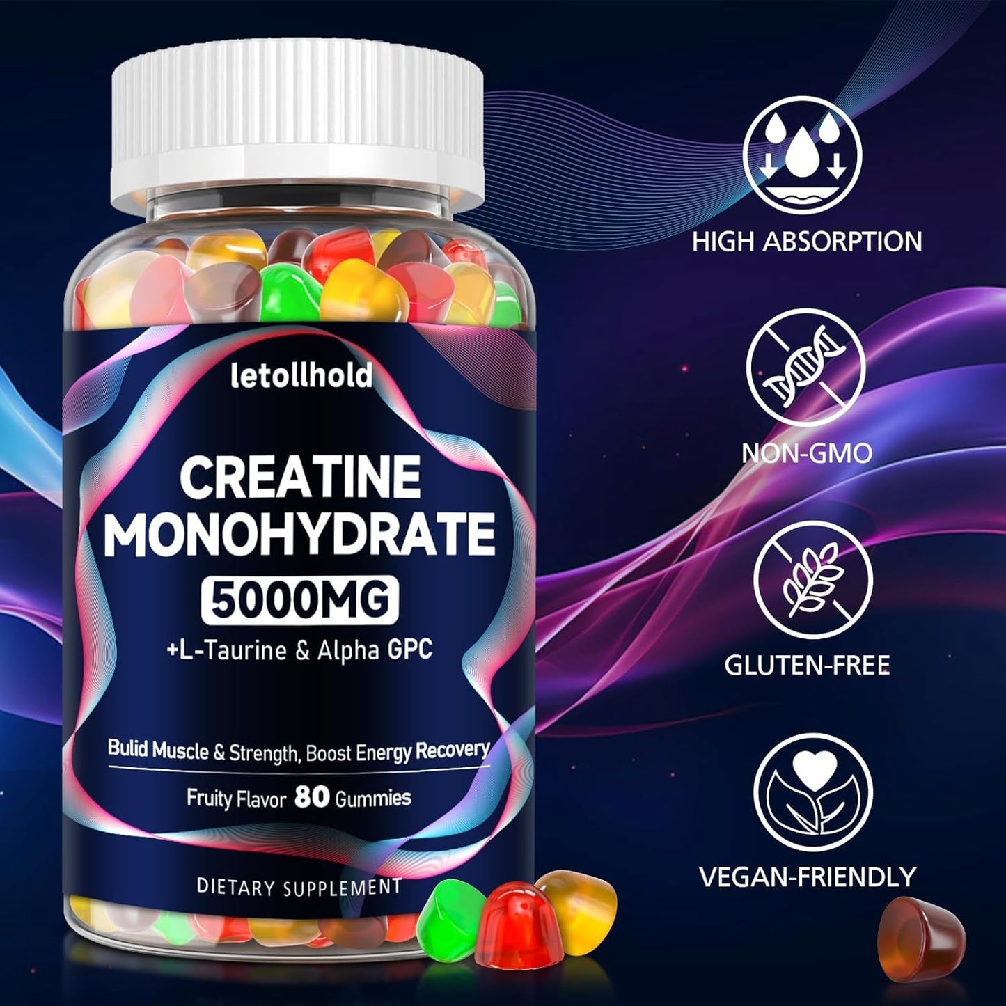 Creatine Monohydrate Gummies 5g for Women & Men - Creatine Gummies for Women Pre Workout Chewables with L-Taurine & Alpha GPC, Sugar-Free Muscle Builder, Energy Boost, Vegan Non-GMO (160 Count)