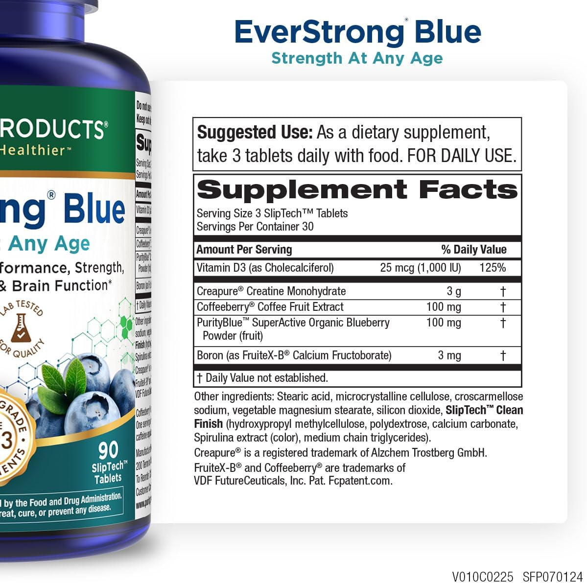 Purity Products EverStrong Blue Strength Building + Brain Boosting w/Muscle Matrix Blend ft. Creatine Monohydrate + More, PurityBlue Organic Blueberry Complex, 1000 IU Vitamin D3-90 Tablets
