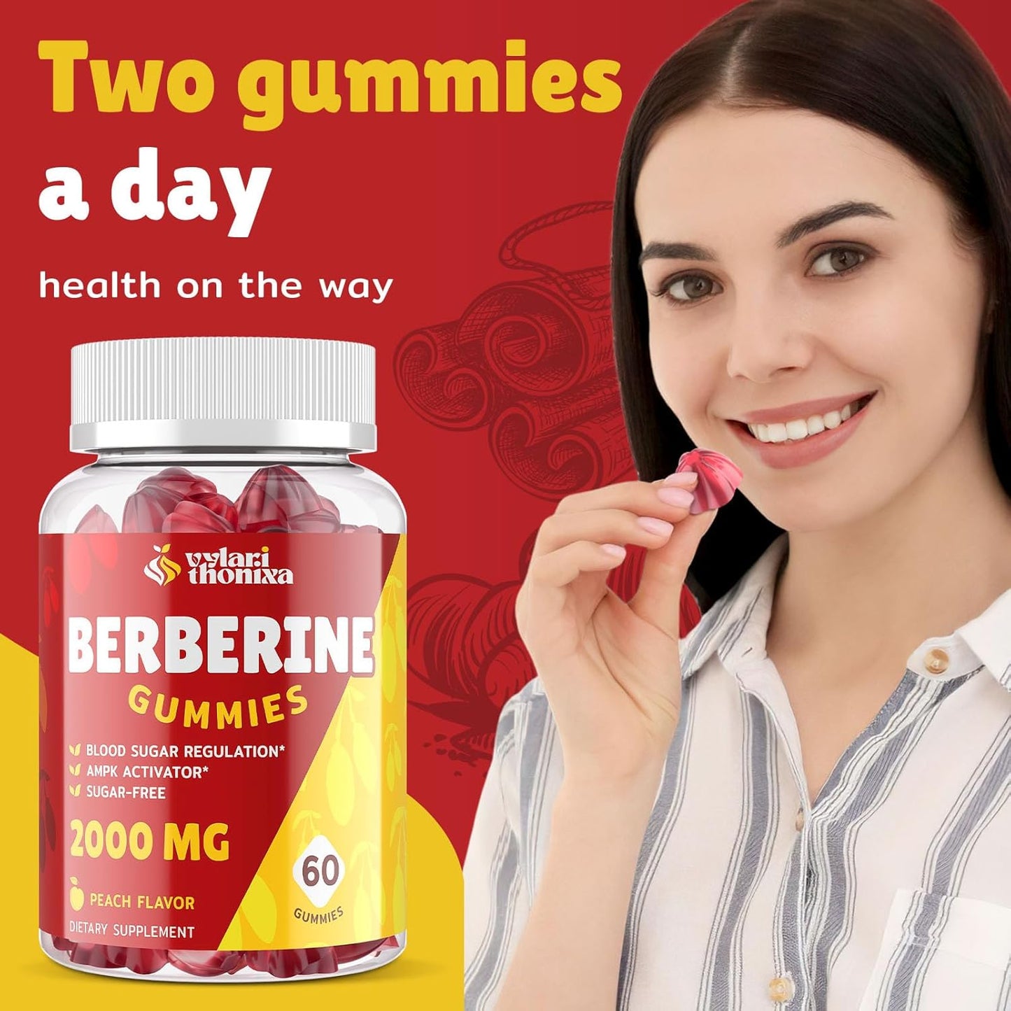 2000mg Berberine Supplement Gummies - High Potency Berberine with Ceylon Cinnamon Candy, Turmeric, Magnesium, Chromium - Sugar Free, Vegan, Non-GMO, Gluten-Free - Peach Flavor 60 Gummies - 1 Pack
