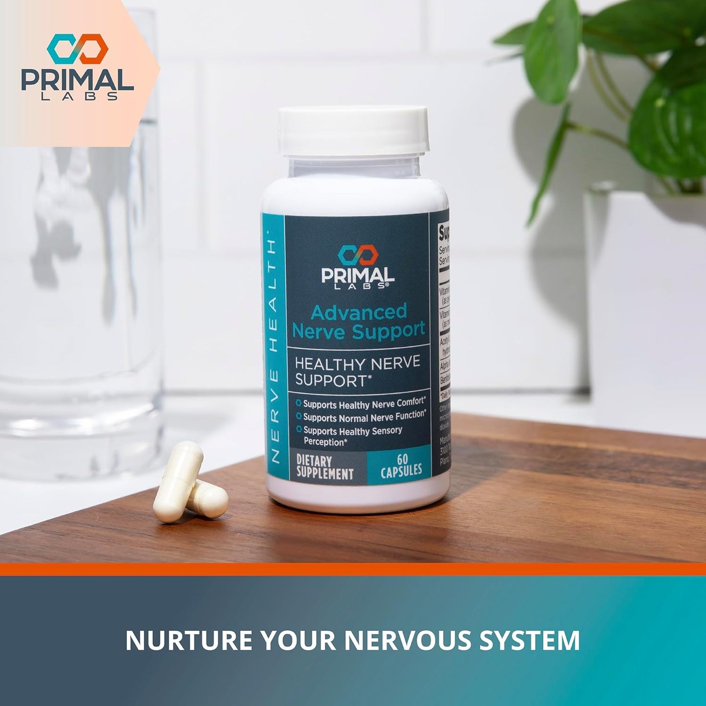 Primal Labs Advanced Nerve Support - Nerve Wellness Supplement with Benfotiamine, B6, B12, Alpha Lipoic Acid, Acetyl-L-Carnitine - Nerve Wellness, Feet, Legs, Sensory Function, Comfort - 60 ct.