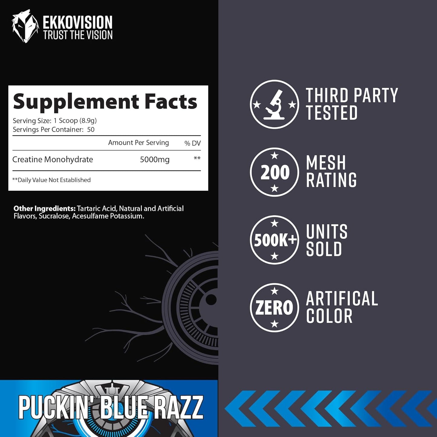 Creatine Monohydrate Powder, Micronized, Puckin' Blue Razz, Pre Workout & Post Workout Supplement for Men & Women, Energy Support, Easy to Mix in Shakes, Smoothies & Beverages, 50 Servings