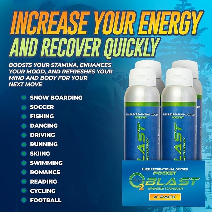 O2 Blast - Pure Oxygen Supplement - Filled with 99.99% Pure Oxygen to Support Fast Recovery, Increase Stamina & Enhance Focus for High Altitude and Action Sports, 4L Portable Can Flip-Top Cap, 4-Pack
