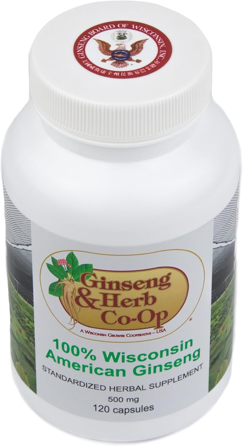 100% Pure Wisconsin American Ginseng Capsules - 500mg. Authentic Panax Quinquefolius. Potent Ground Ginseng Root - No Fillers, Binders or Other Additives. (120 Count)