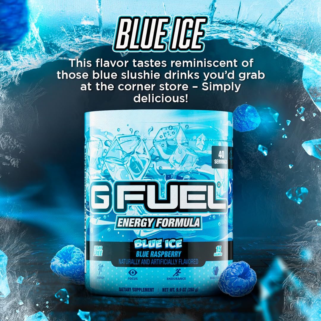 G Fuel Blue Ice Energy Drink Powder, Pre Workout Caffeine Mix for Gaming, Sugar Free Focus Amino, Vitamin + Antioxidants, 9.9oz (Blue Raspberry, 40 Servings)