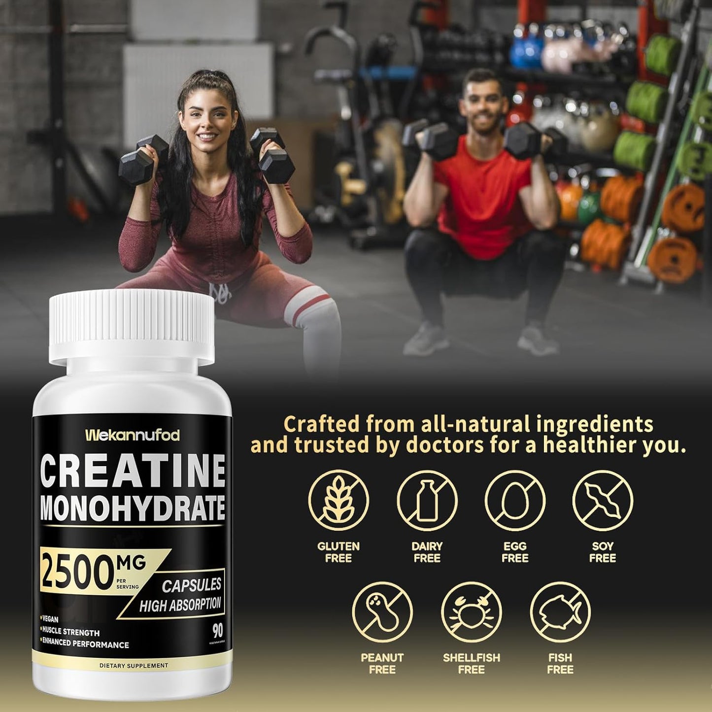 Creatine Monohydrate 2500mg, 90 Capsules - Gluten Free, Non-GMO