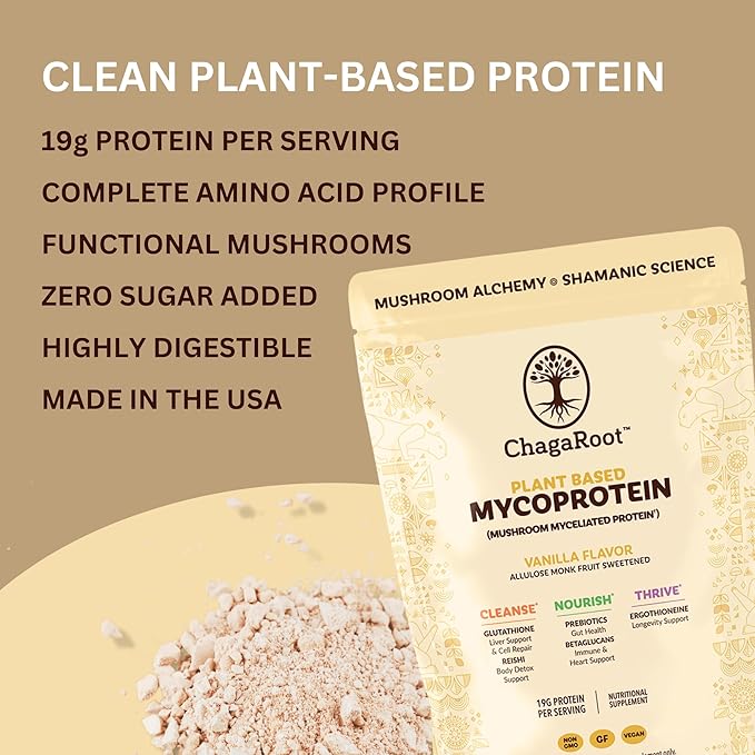 Mycoprotein Mushroom Protein Powder, Vanilla - 19g of Vegan Protein, Plant Based, Superfood, Master Blend of Chaga, Reishi, Turkey Tail, Shiitake, Lions Mane, Coffee, Smoothies (1.76 lb)