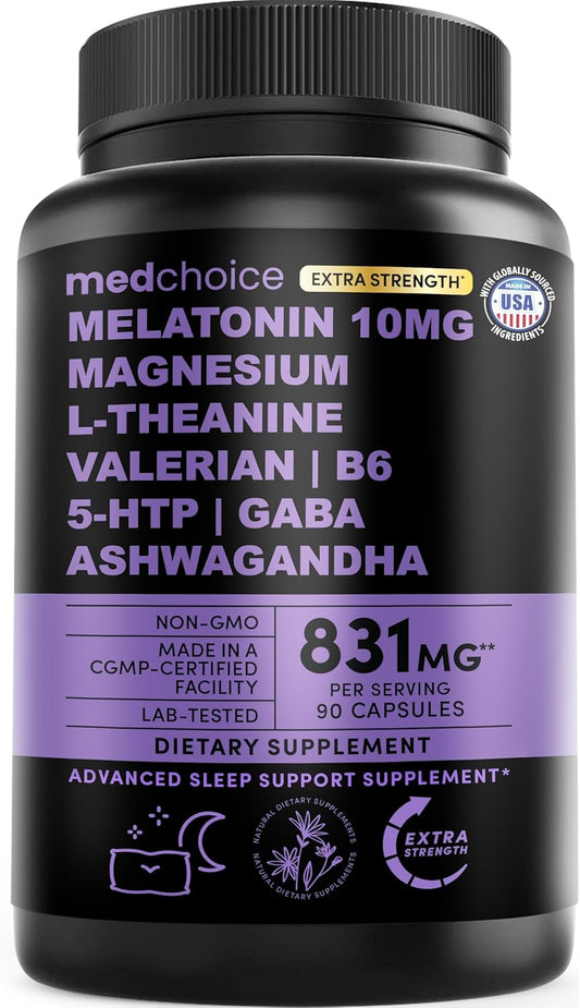 12-in-1 Melatonin Sleep Capsules - 10mg Melatonin Extra Strength with Magnesium and Balanced Blend of Ashwagandha, GABA, Chamomile Extract, L-Theanine & Valerian Root 10:1 Extract (90ct)