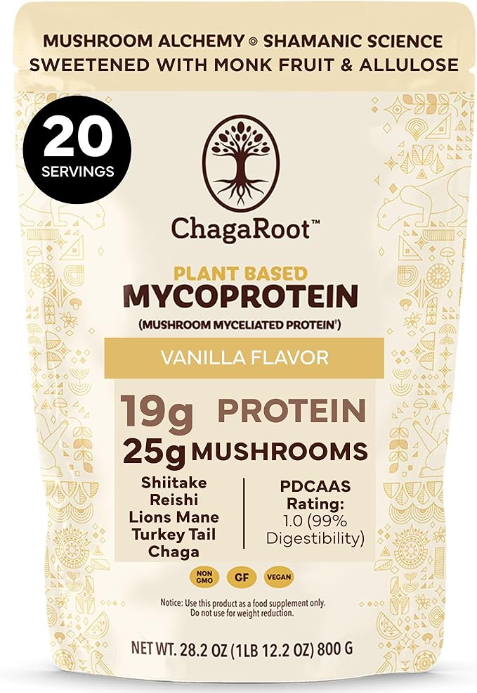 Mycoprotein Mushroom Protein Powder, Vanilla - 19g of Vegan Protein, Plant Based, Superfood, Master Blend of Chaga, Reishi, Turkey Tail, Shiitake, Lions Mane, Coffee, Smoothies (1.76 lb)