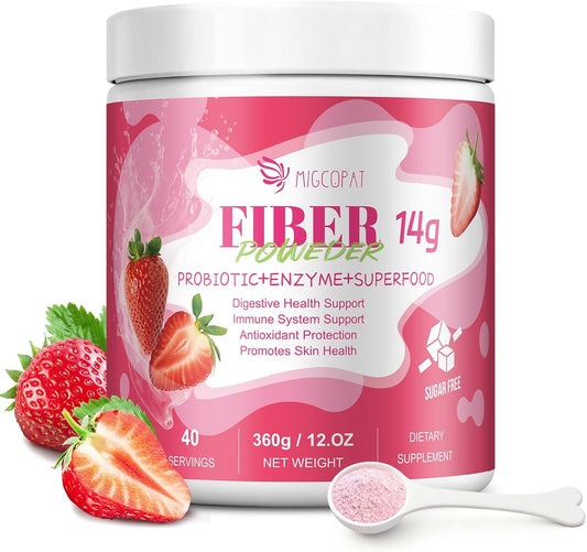 14G Fiber Supplement with Probiotics, Prebiotics, Digestive Enzymes, Vitamin C, Magnesium, Fruit&Herb Powder, Fiber Powder for Digestive Health & Skin Health, No Sugar, Strawberry, 40 Serv.