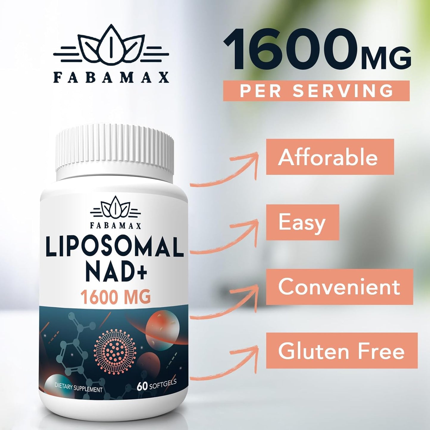 1600 mg Liposomal NAD Supplement, 98% Pure NAD+ Supplement, Superior Absorption, Alternative to Nicotinamide Riboside or NADH to Boost NAD+ for Aging Defense, Energy, Longevity, 360 Softgels