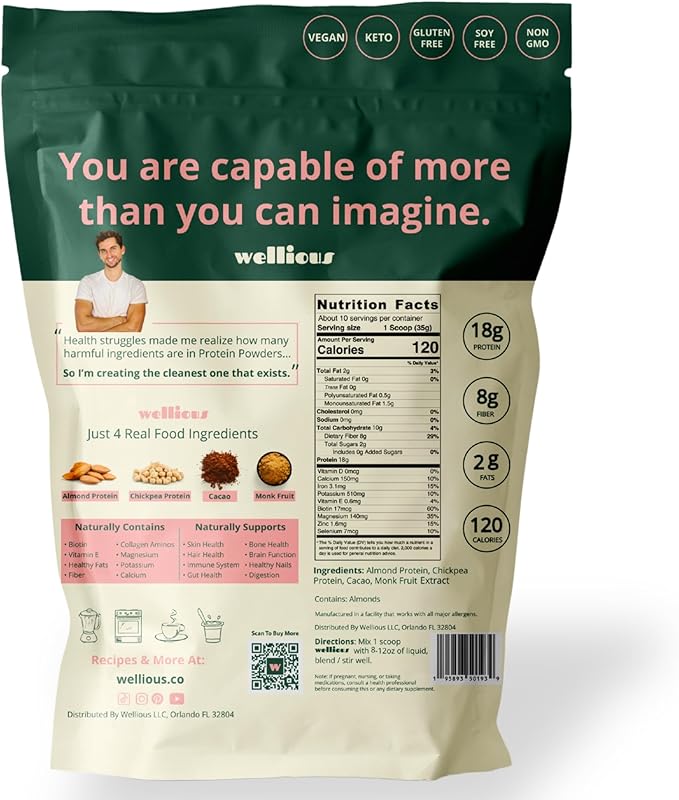 wellious Almond Protein Powder (Chocolate) - 18 Grams of Pure Healthiest Vegan Protein for Women & Men - Perfect Gluten-Free, Soy-Free & Smooth Gut Friendly Protein Powder for Sports Nutrition