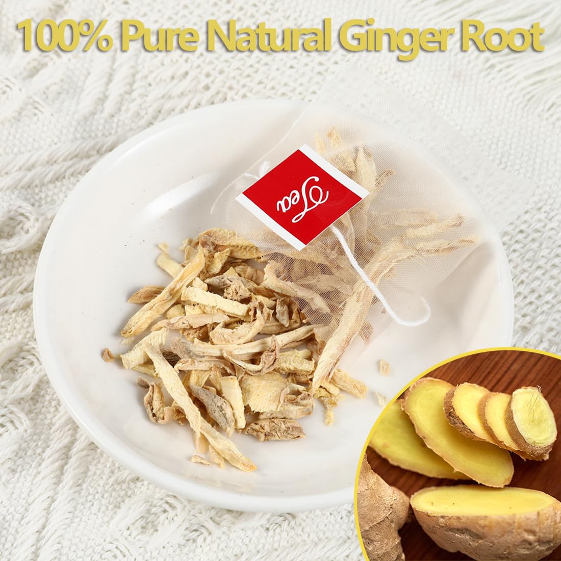 100 Premium Ginger Tea Bags/7.06 Oz, Made with 100% Natural Ginger Root, Warm & Spicy, Support Digestion & Boost Immunity, No Additives & Caffeine Free.