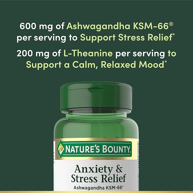 Nature's Bounty Stress Relief, Ashwagandha KSM-66, Supports Occasional Stress Relief, Dietary Supplement, 2 Tablets per Day, Vegetarian Tablets, Gluten Free, 90 Ct