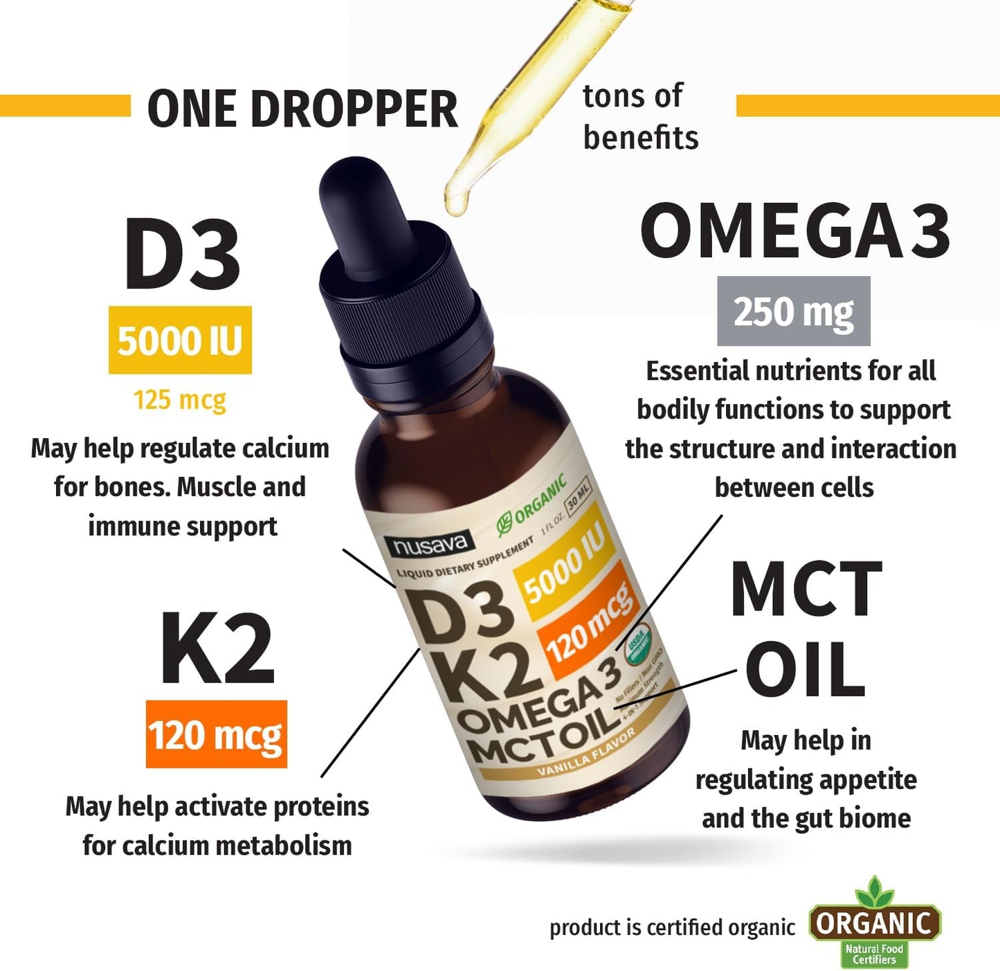 (4 Pack) Organic Vitamin D3 K2 Drops with MCT Oil Omega 3, 5000 IU, Maximum Strength Vitamin D Liquid - No Fillers, Non-GMO Liquid D3 for Faster Absorption & Immune Support (Vanilla, 4 Fl Oz)