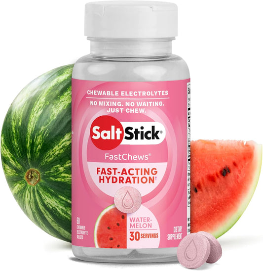 SaltStick FastChews Electrolytes - 60 Chewable Electrolyte Tablets - Watermelon - Salt Tablets for Running, Fast Hydration, Leg Cramps Relief, Sports Recovery - Non-GMO, Vegan, Gluten Free