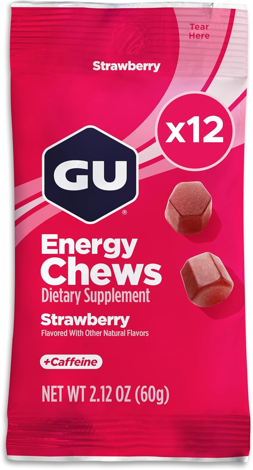 GU Energy Chews, Strawberry Energy Gummies with Electrolytes, Vegan, Gluten-Free, Kosher, 20 mg of Caffeine, and Dairy-Free On-the-Go Energy for Any Workout, 12 Bags (24 Servings Total)