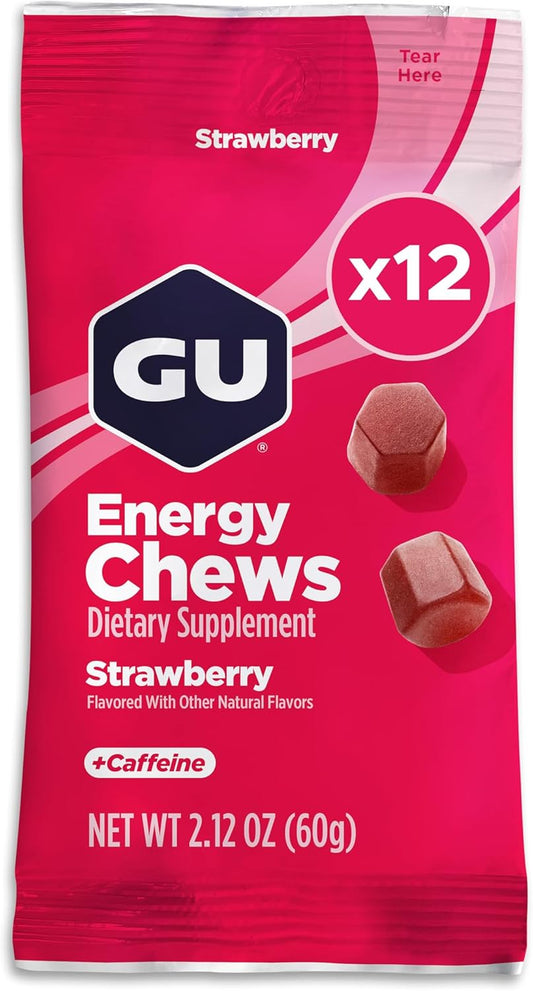 GU Energy Chews, Strawberry Energy Gummies with Electrolytes, Vegan, Gluten-Free, Kosher, 20 mg of Caffeine, and Dairy-Free On-the-Go Energy for Any Workout, 12 Bags (24 Servings Total)
