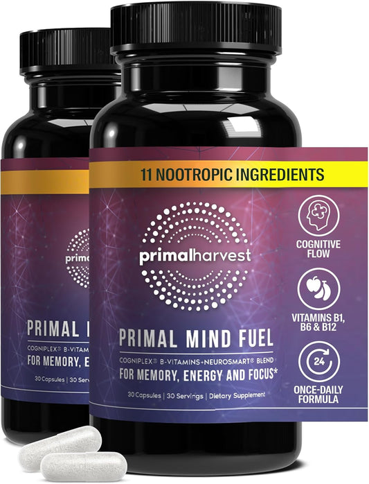 2 Pack, Primal Mind Fuel Brain Booster for Focus, Energy, Clarity, Memory Brain Health 30 Capsules Nootropics Brain Support Supplement for Men and Women