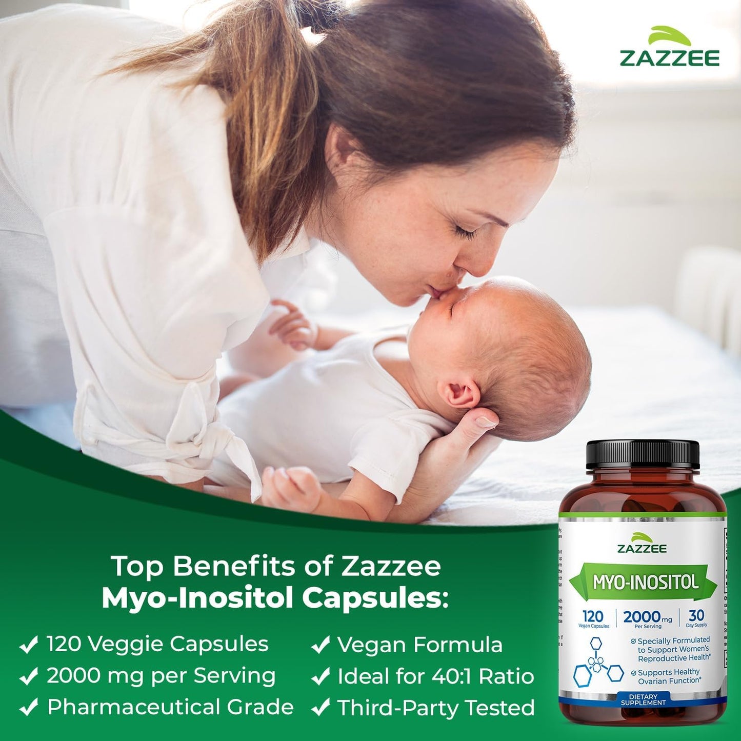Zazzee Myo-Inositol Capsules, 2000 mg per Serving, 120 Vegan Capsules, Ideal Dosage for 40:1 Ratio, 100% Vegetarian, Hormone Balance & Healthy Ovarian Function Support, All-Natural and Non-GMO