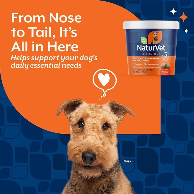 NaturVet All-in-One Dog Supplement - for Joint Support, Digestion, Skin, Coat Care – Dog Multivitamins with Minerals, Omega-3, 6, 9 – Wheat-Free Vitamins for Dogs – 60 Soft Chews