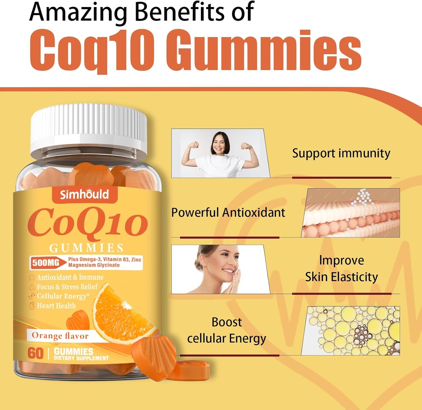 1 Pack CoQ10 500MG Gummies - Plus Omega-3, Magnesium, Vitamin B3 & Zinc - 3X Better Absorption Coenzyme Q10 Supplements for Heart Health, Cellular Energy & Antioxidant, Non-GMO 60 Counts