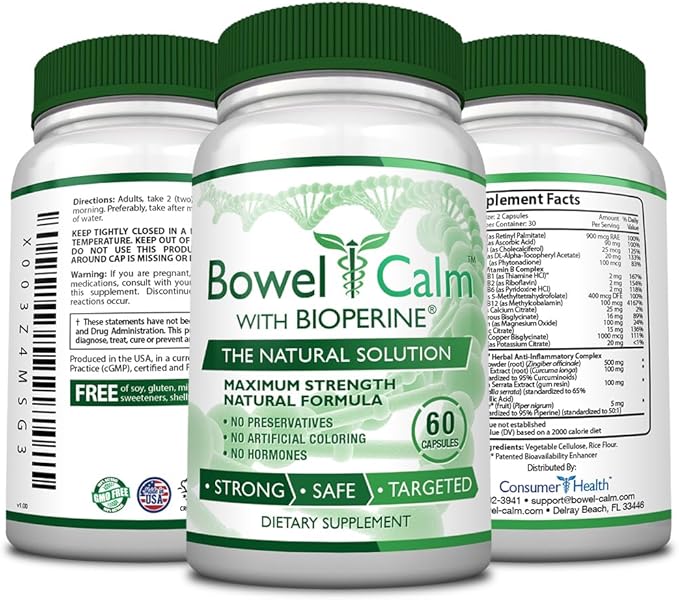 Bowel Calm - Soothe Intestinal Irritation - Ginger, Turmeric, Boswellia, BioPerine - 3 Month Supply