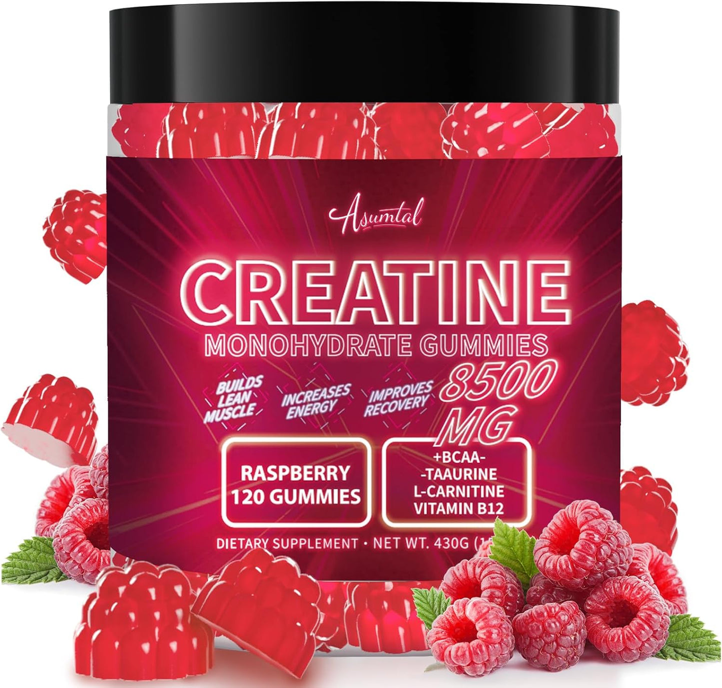Creatine Monohydrate Gummies Complex 8500 MG for Men & Women, Creatine Monohydrate Supplement for Muscle Growth, Strength & Energy Support, Pre Workout Gummies 120 Count Raspberry Flavor