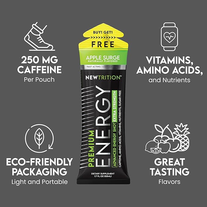 NewTrition® Extra Strength Energy Shots 1.7 fl oz - 250mg Caffeine with B Vitamins & Amino Acids, Sugar-Free Zero Calorie Vitamin Energy Drink for Focus & Endurance (Pack of 24, 4 Flavors - Mixed 2)